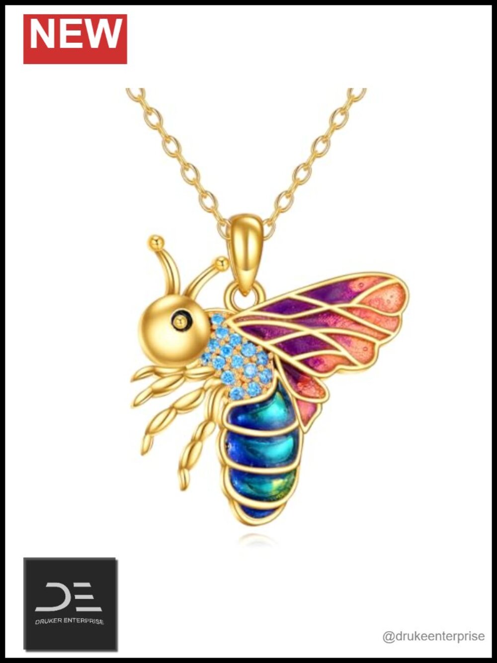 14K Gold Plated Bee Pendant Necklace Women Cubic Zirconia